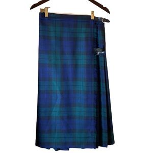 Blue Green and Black Plaid Kilt Tartan Glenshiel 100% Wool Wrap Skirt Size Med